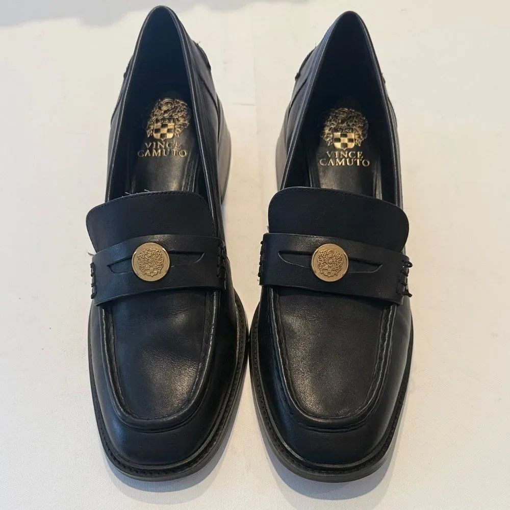 Vince Camuto Black Leather Loafers with Gold Accent